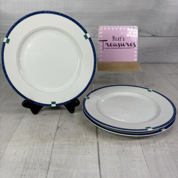 Mikasa CAYMAN L5560Blue Band Green Block White Fine China Salad Plates Set 3